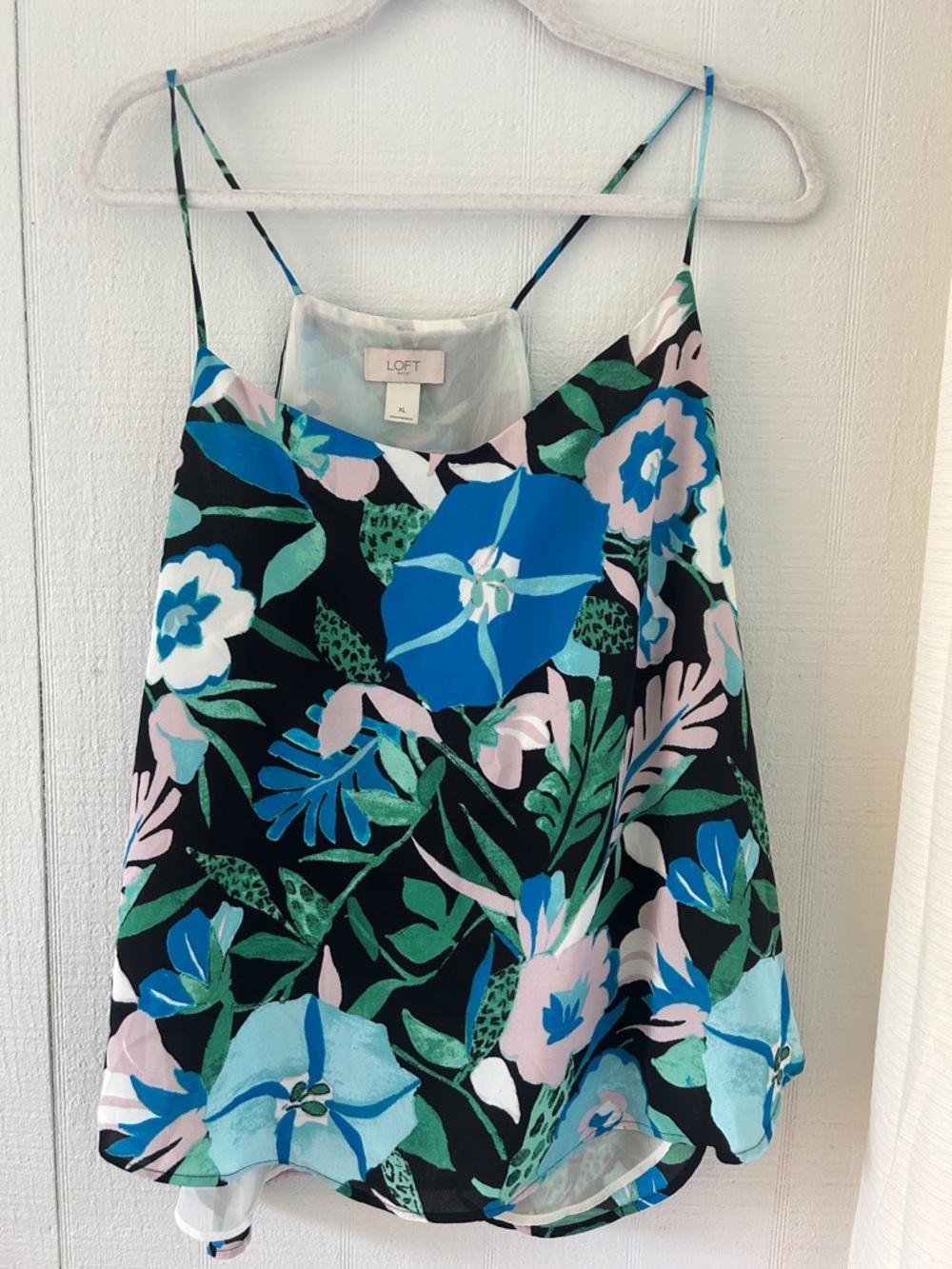 LOFT Black Floral Spaghetti-Strap Cami with Blue & Green Leaf Print Size XL